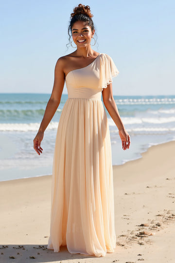 One Shoulder Chiffon Apricot Bridesmaid Dress with Slit